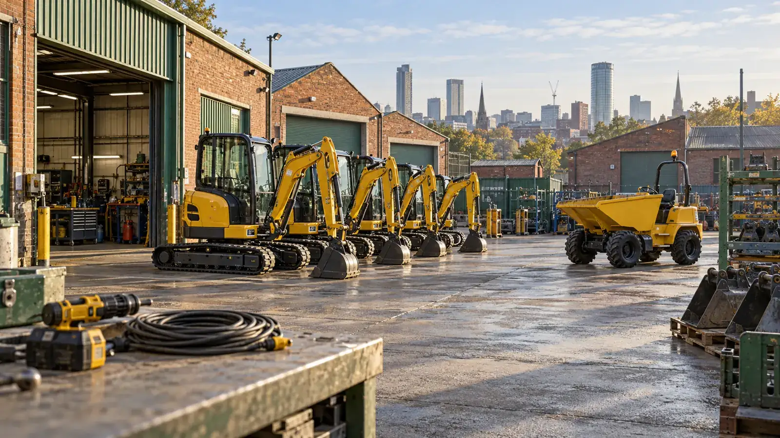 Trade tools and compact plant arranged in a brick industrial yard