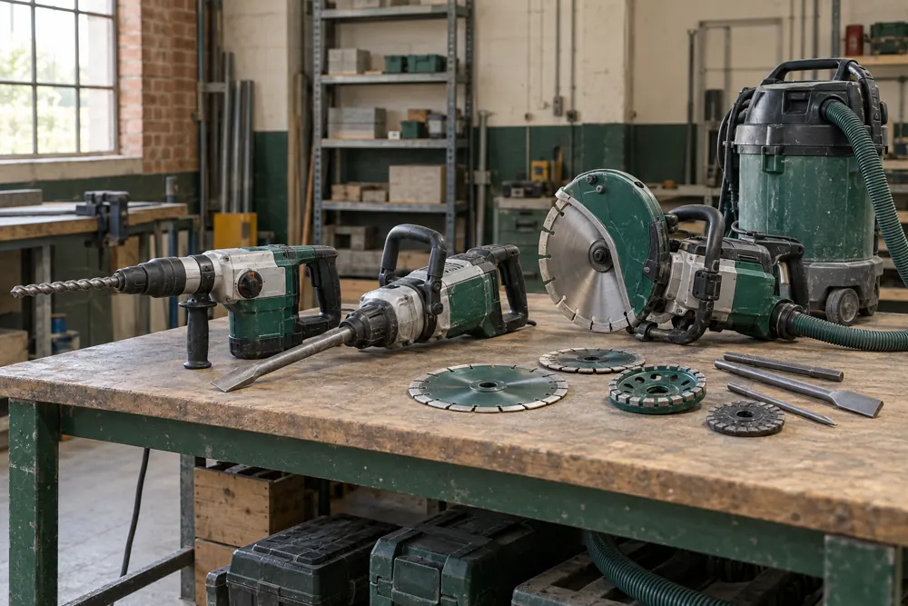 Professional cutting and drilling tools with dust extraction on a workshop bench